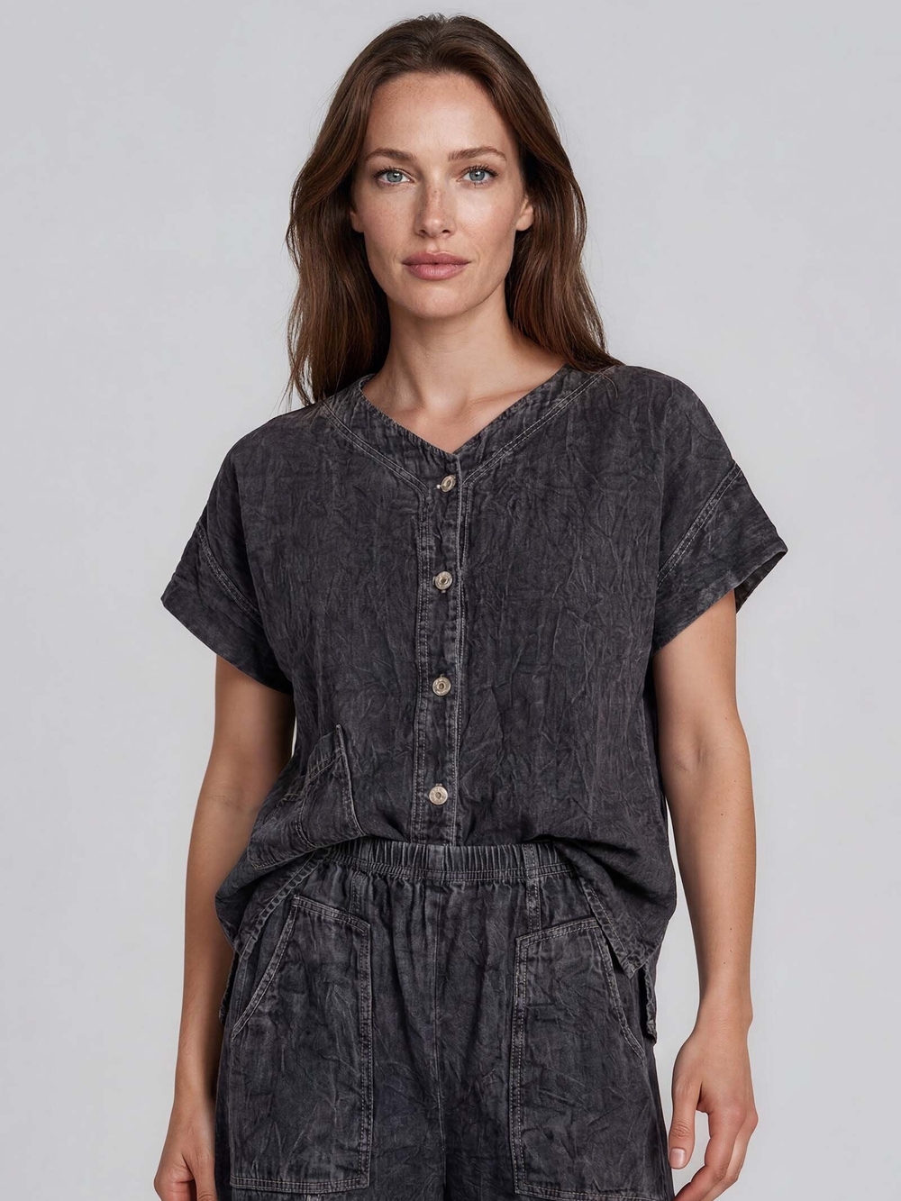 Washed Charcoal Button-Front Short Sleeve Shirt